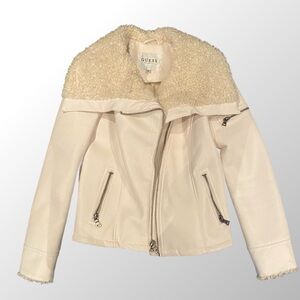 Guess Ivory Faux Leather Shearling Moto Jacket |Size S